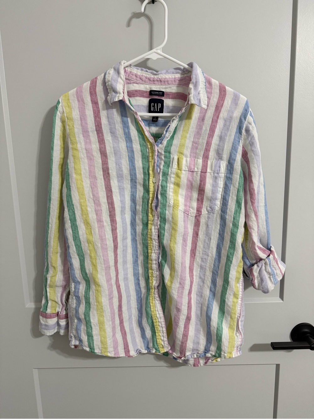 GAP 100% Linen Boyfriend Shirt Pastel Multicolor Stripe Size S